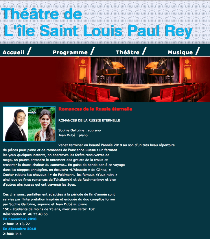 Page Internet. Théâtre de L|le-Saint-Louis. Romances de la Russie éternelle, par Sophie Galitzine et Jean Dubé. 2018-10-13